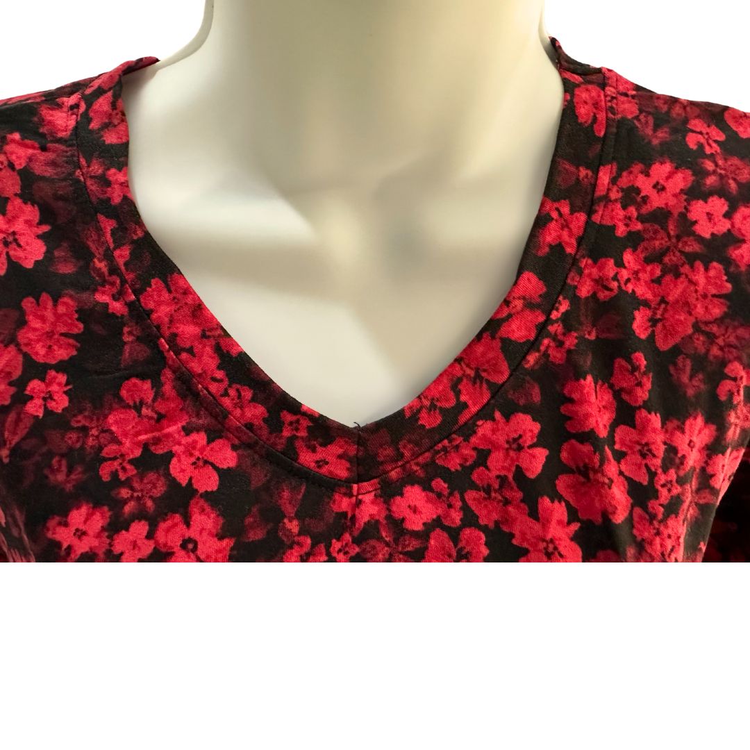 Red floral midi length dress, full length sleeves, v neck, front flap for easy access for breastfeeding and pumping.