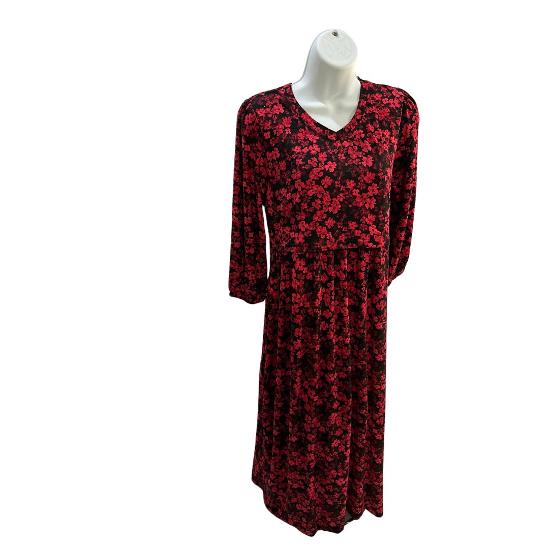 Red floral midi length dress, full length sleeves, v neck, front flap for easy access for breastfeeding and pumping.