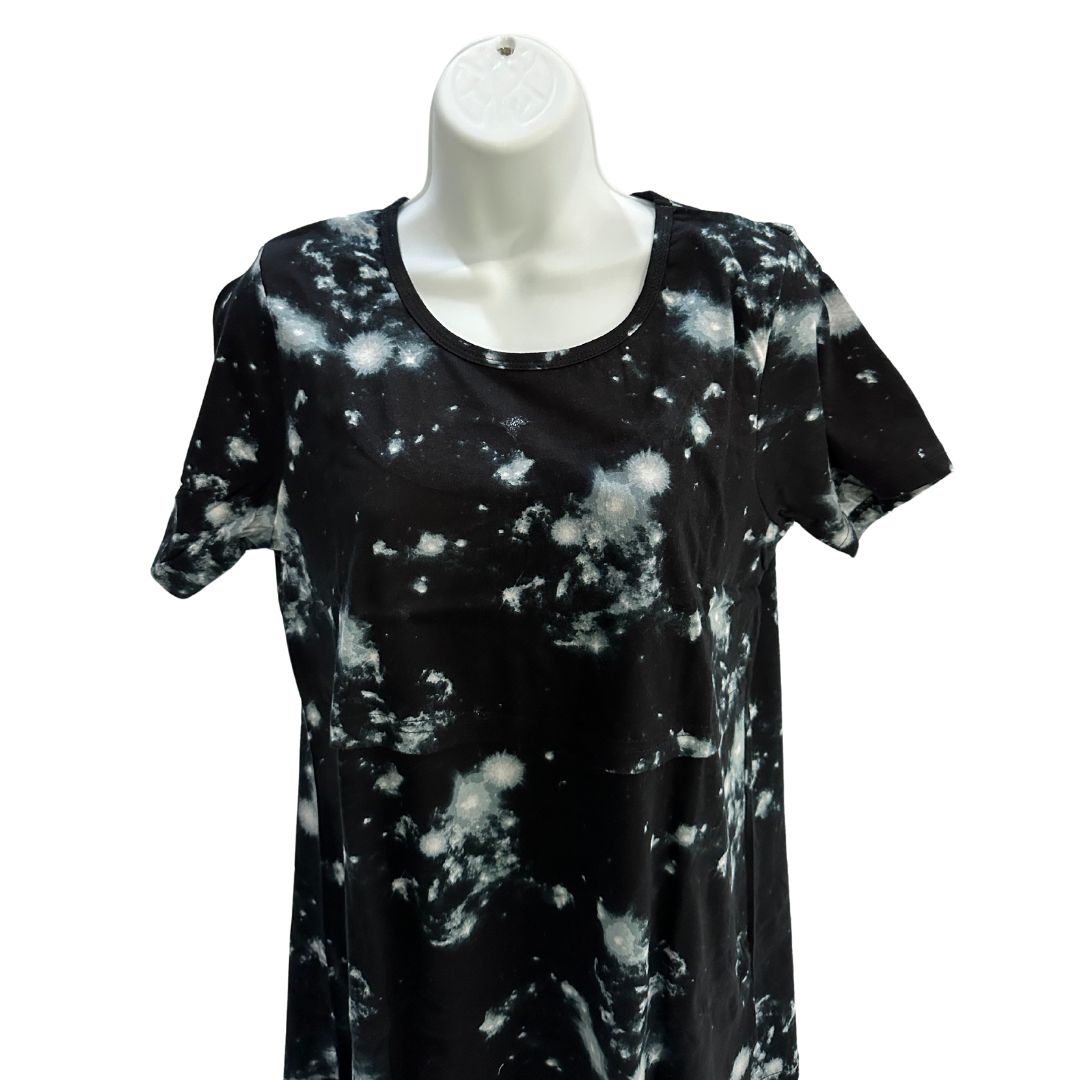 Black and white galaxy themed short sleeve womans nursing and pumping top