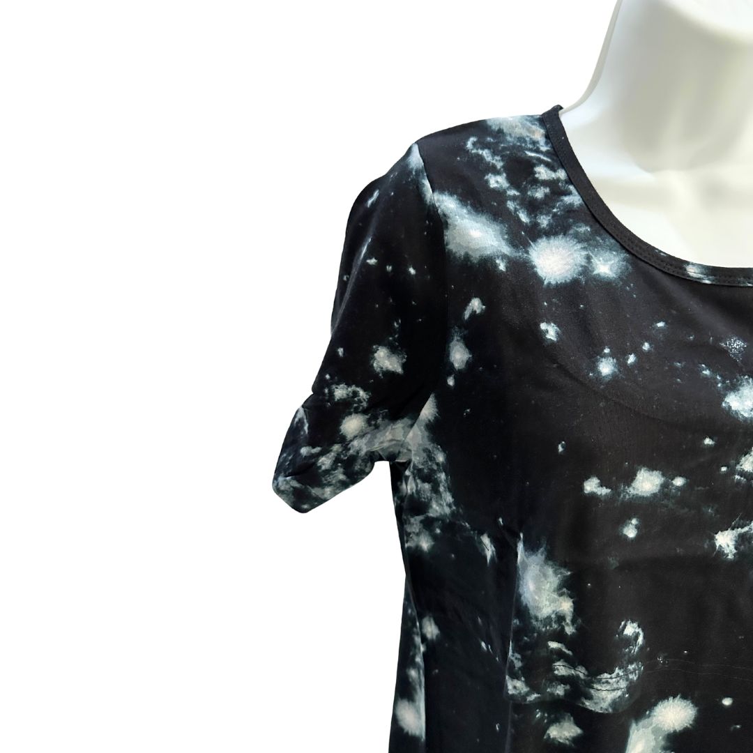 Black and white galaxy themed short sleeve woman's nursing and pumping top