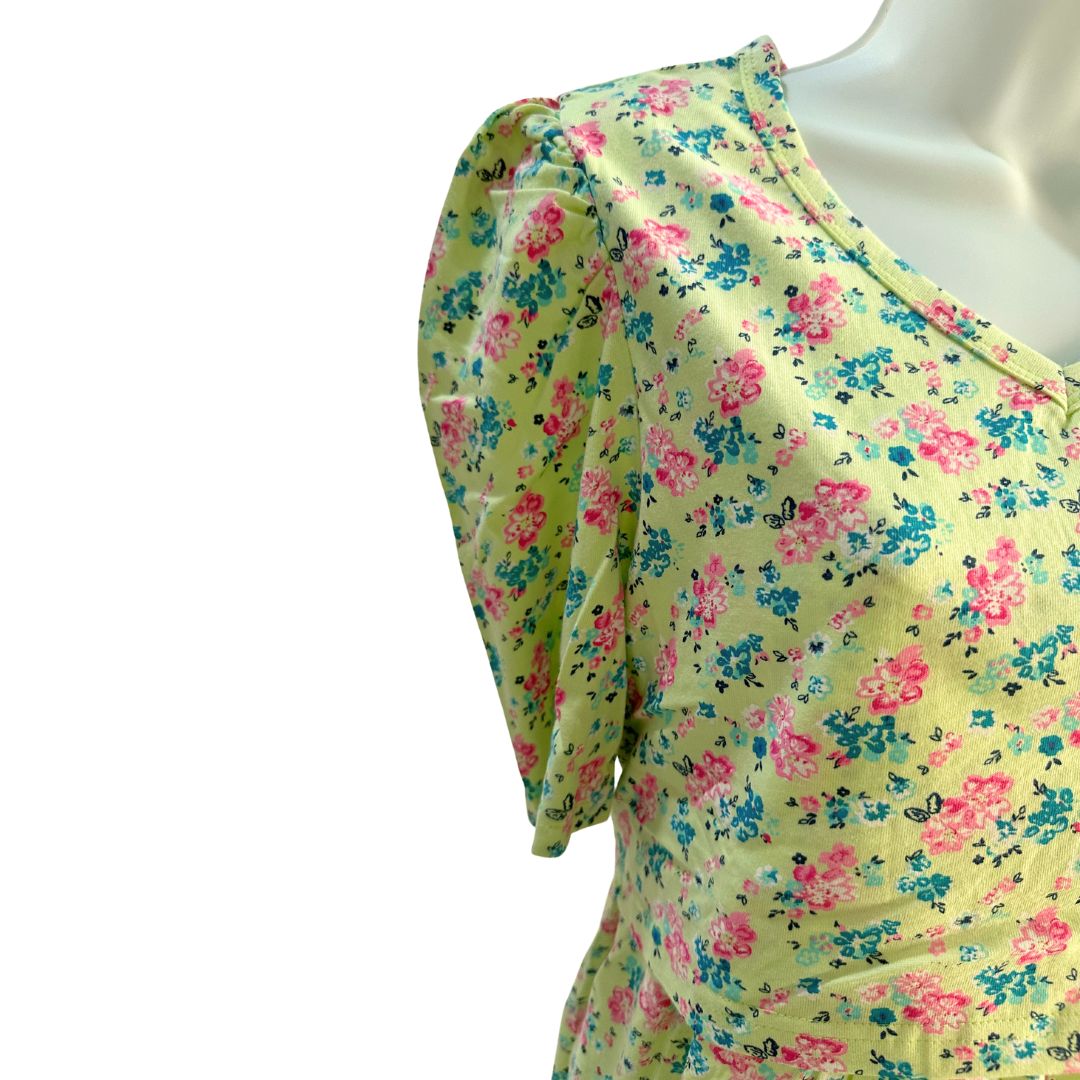 Yellow green floral midi dress, v neck, puffed elbow length sleeves. Front flap for easy access for breastfeeding and pumping.