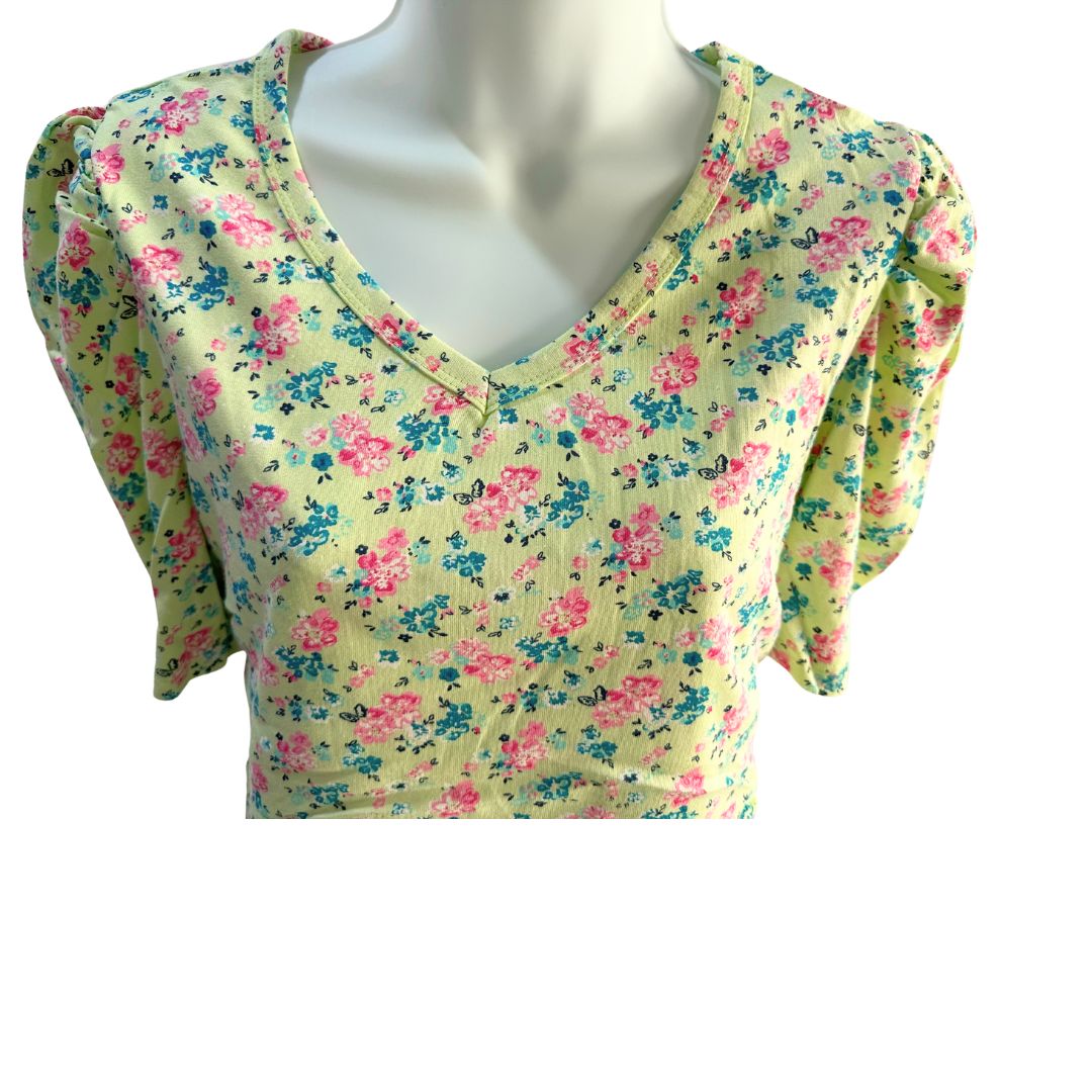 Yellow green floral midi dress, v neck, puffed elbow length sleeves. Front flap for easy access for breastfeeding and pumping.