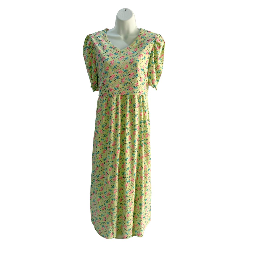 Yellow green floral midi dress, v neck, puffed elbow length sleeves. Front flap for easy access for breastfeeding and pumping.