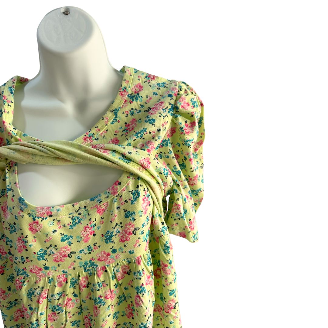 Yellow green floral midi dress, v neck, puffed elbow length sleeves. Front flap showcased open for easy access for breastfeeding and pumping.